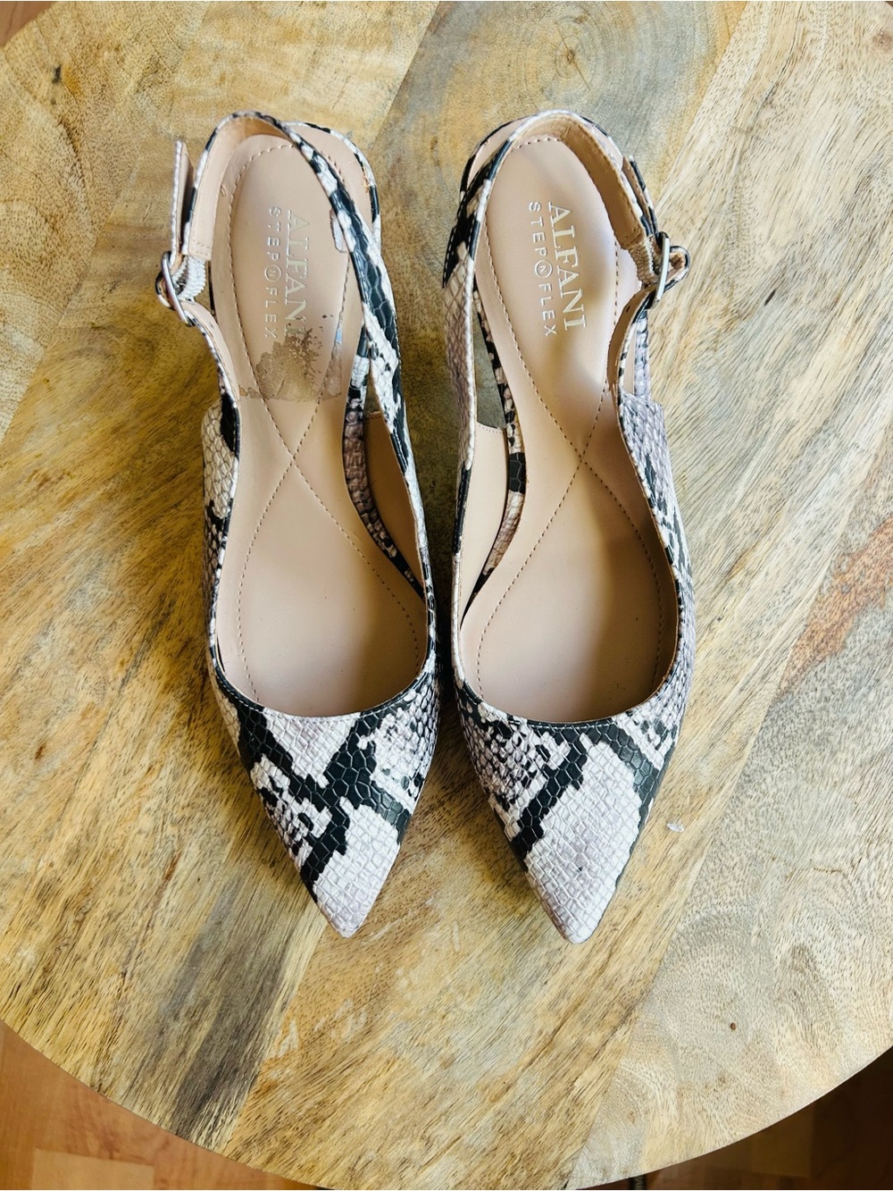 Alfani Black and Cream Snake-Print Slingback Pointed Heels